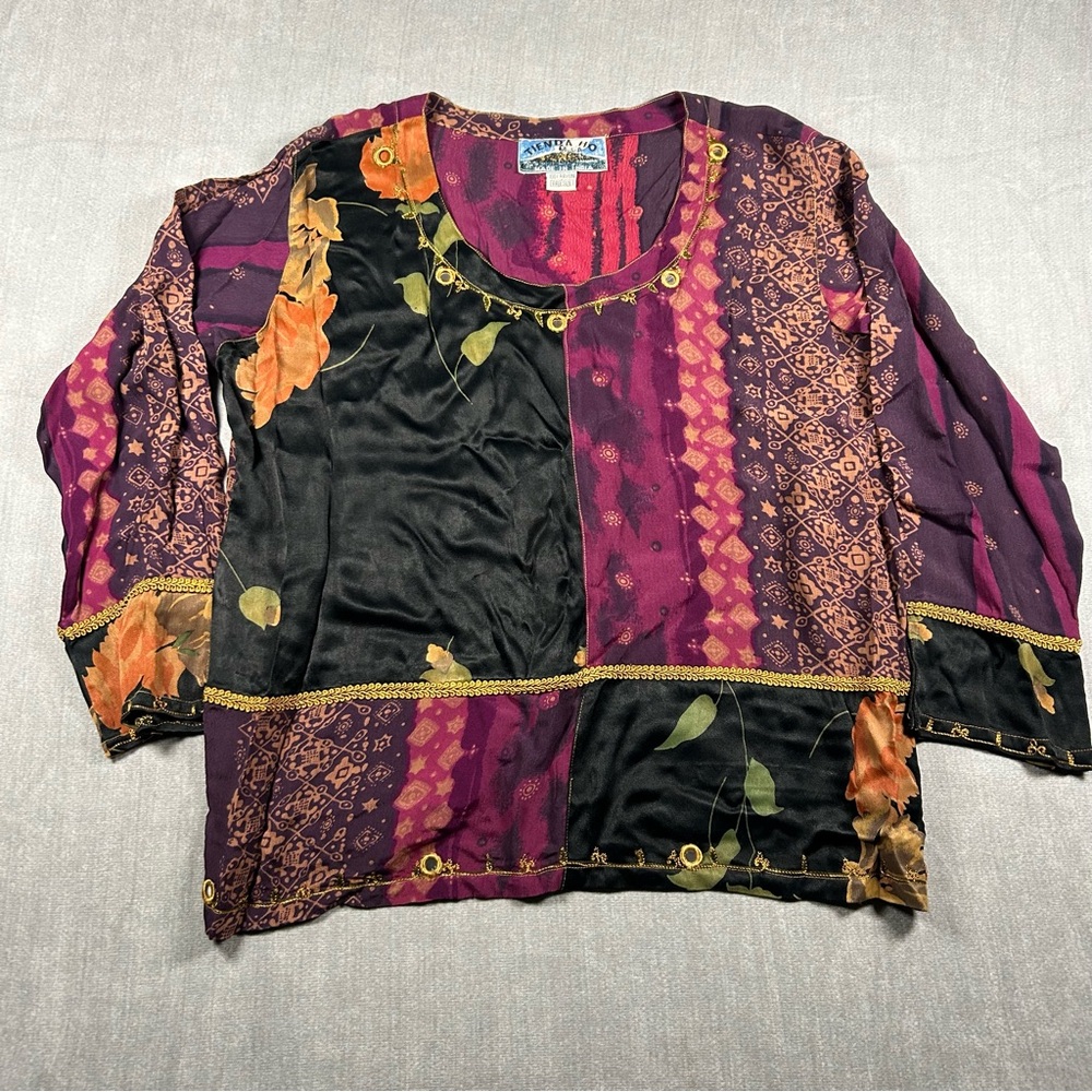 Tienda Ho Tambora Patchwork Rayon Blouse Purple Black Floral Mirror Trim OSFM